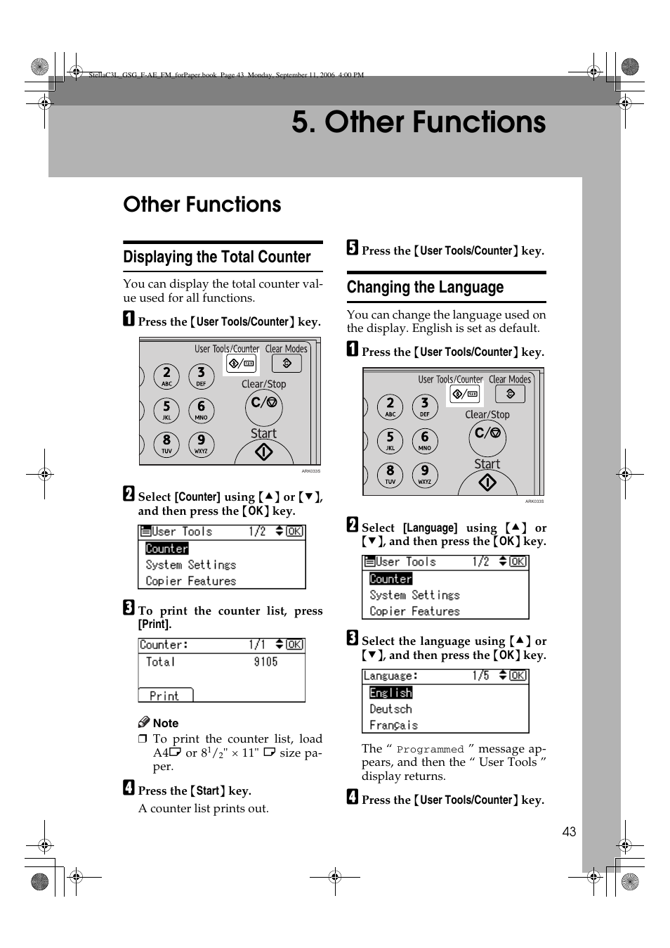 Other functions, Displaying the total counter, Changing the language | Ricoh Aficio MP 161L User Manual | Page 49 / 64
