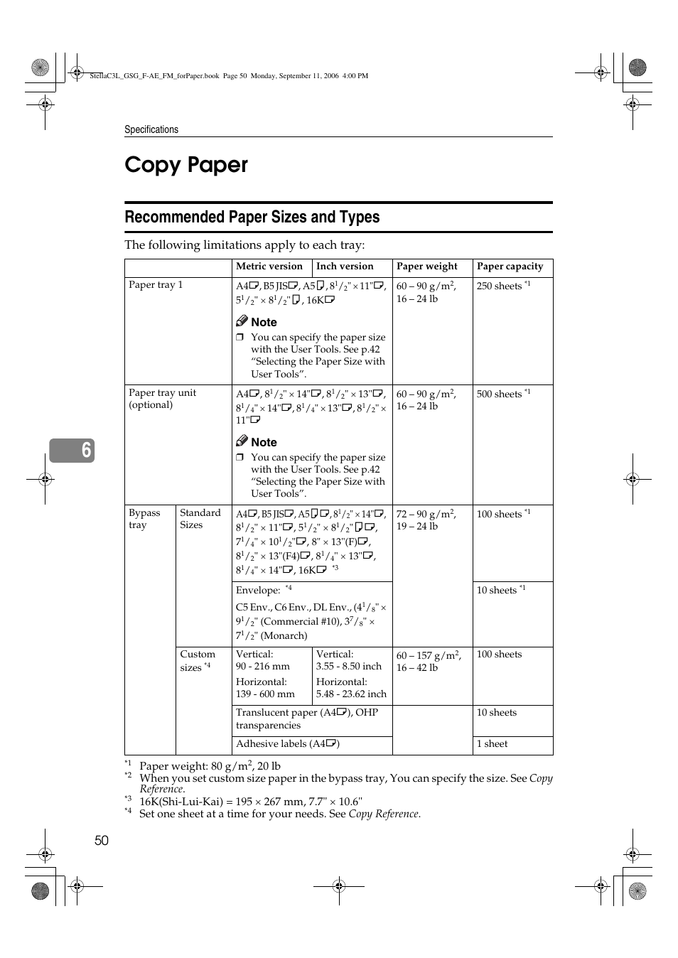 6copy paper, Recommended paper sizes and types, The following limitations apply to each tray | Ricoh Aficio MP 161L User Manual | Page 56 / 64