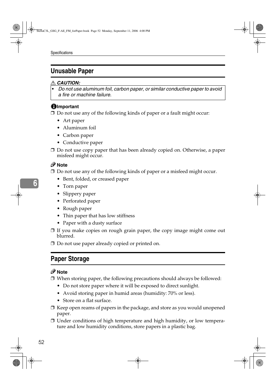 Unusable paper, Paper storage | Ricoh Aficio MP 161L User Manual | Page 58 / 64