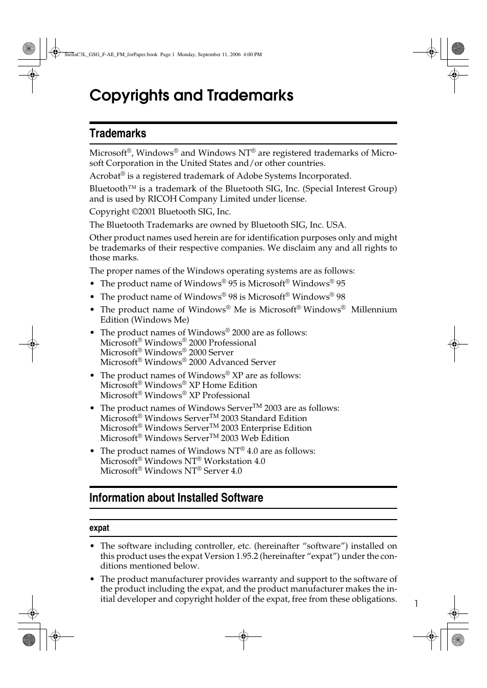 Copyrights and trademarks, Trademarks, Information about installed software | Ricoh Aficio MP 161L User Manual | Page 7 / 64