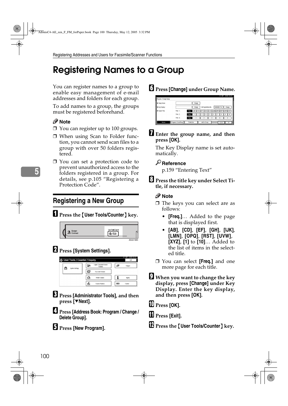 5registering names to a group, Registering a new group | Ricoh IS 2245 User Manual | Page 112 / 196