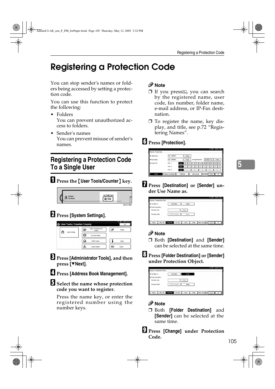 5registering a protection code, Registering a protection code to a single user | Ricoh IS 2245 User Manual | Page 117 / 196