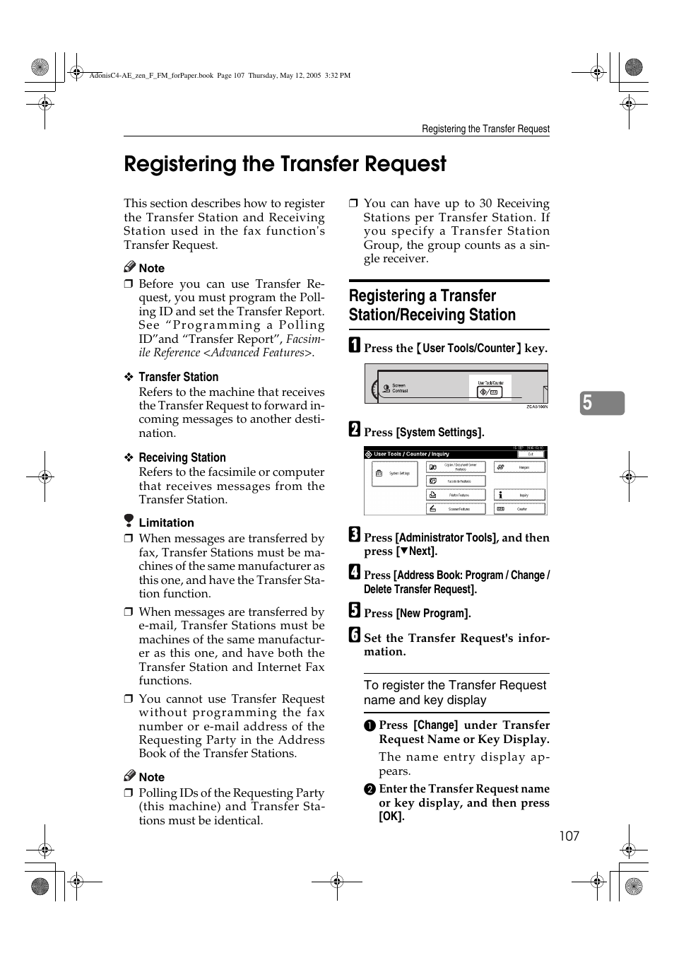 5registering the transfer request, Registering a transfer station/receiving station | Ricoh IS 2245 User Manual | Page 119 / 196