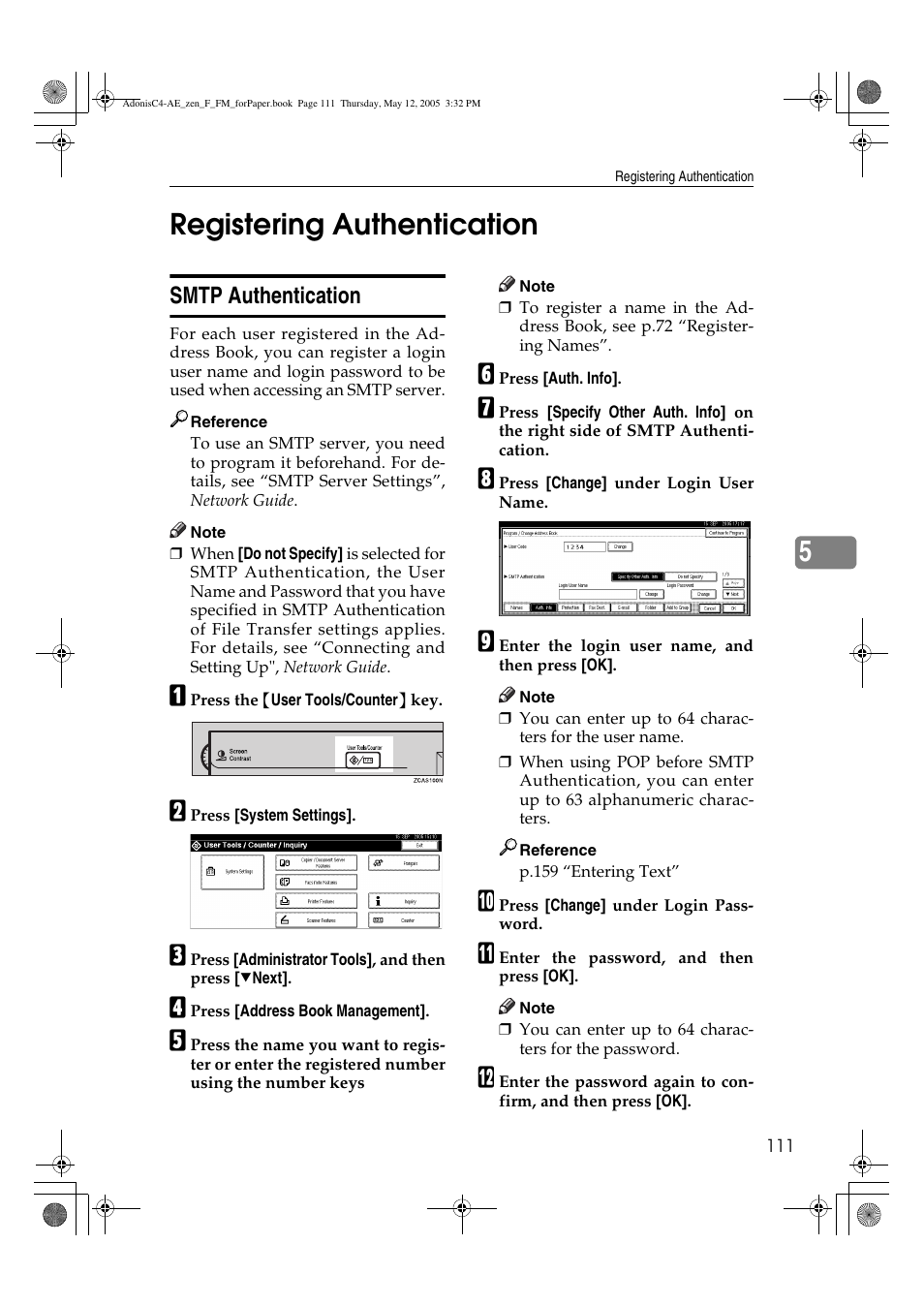 5registering authentication, Smtp authentication | Ricoh IS 2245 User Manual | Page 123 / 196