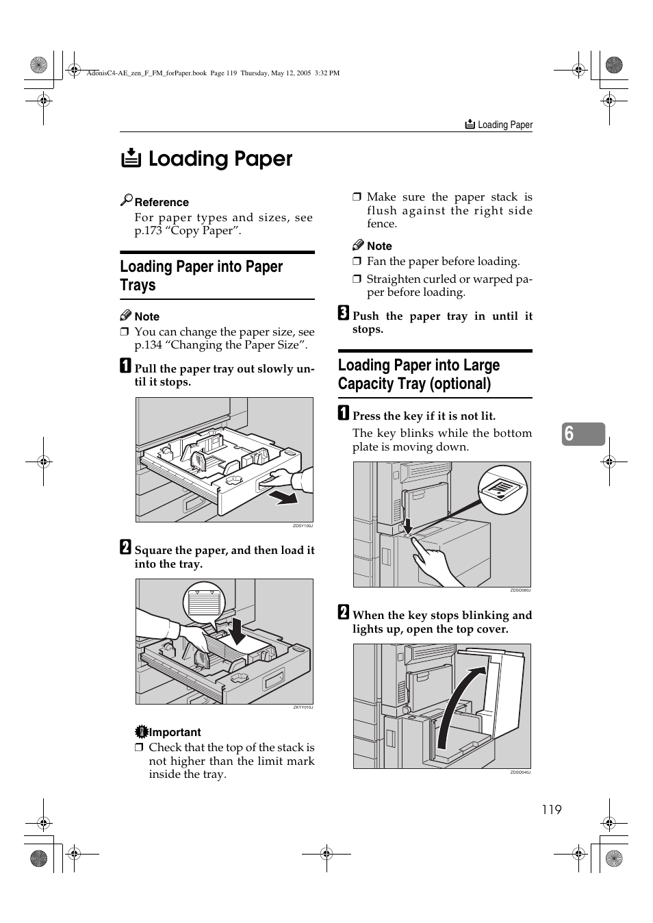 6b loading paper, Loading paper into paper trays, Loading paper into large capacity tray (optional) | Ricoh IS 2245 User Manual | Page 131 / 196