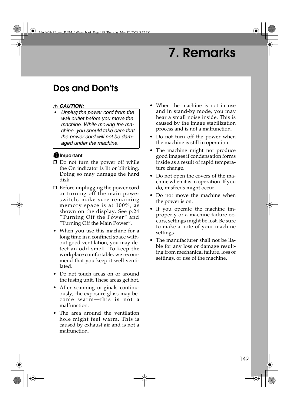 Remarks, Dos and don'ts | Ricoh IS 2245 User Manual | Page 161 / 196