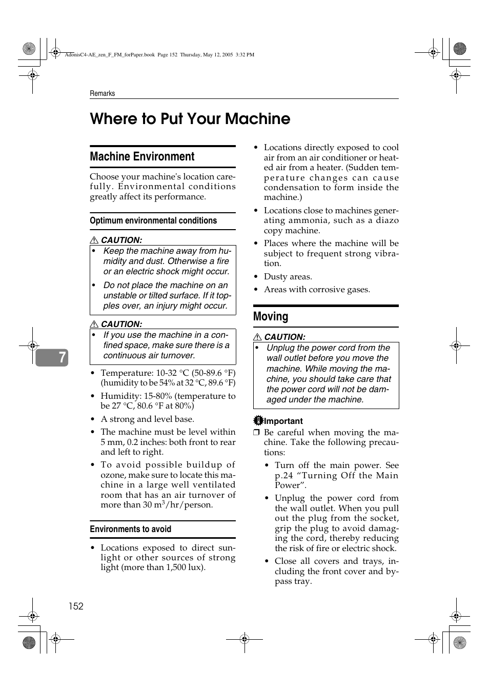 7where to put your machine, Machine environment, Moving | Ricoh IS 2245 User Manual | Page 164 / 196