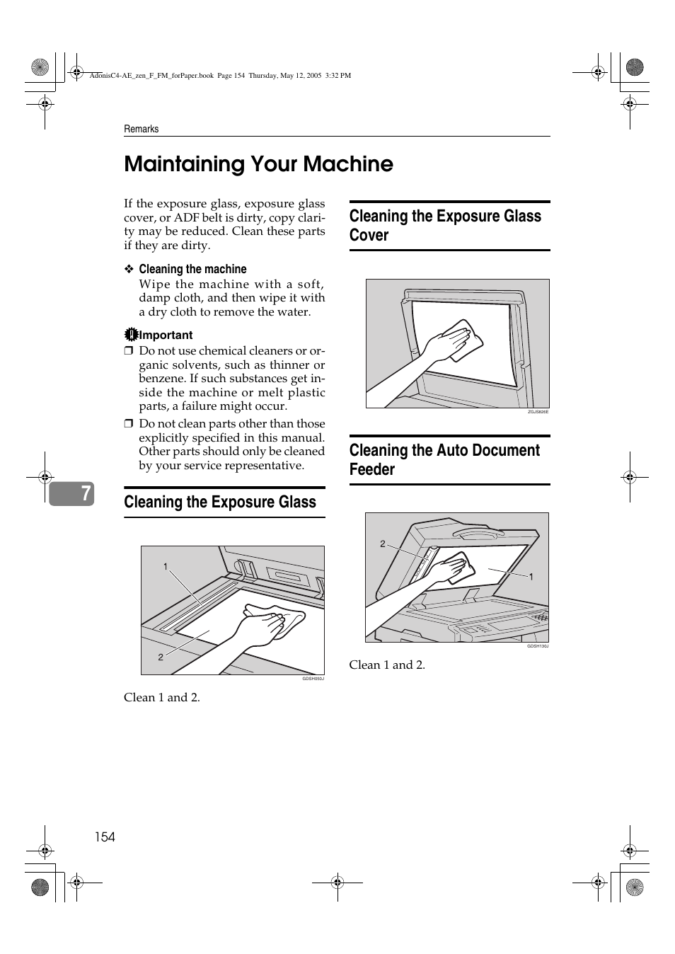 7maintaining your machine, Cleaning the exposure glass | Ricoh IS 2245 User Manual | Page 166 / 196