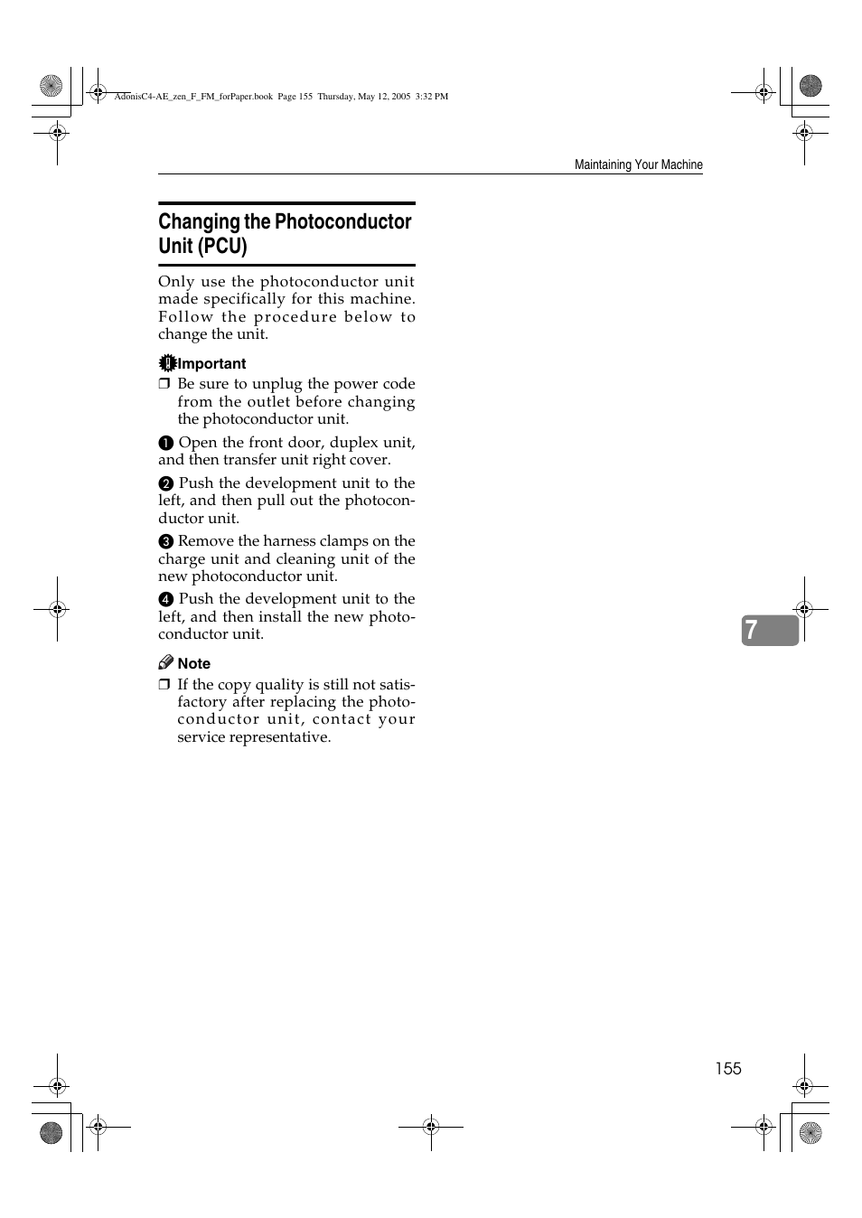 Changing the photoconductor unit (pcu) | Ricoh IS 2245 User Manual | Page 167 / 196
