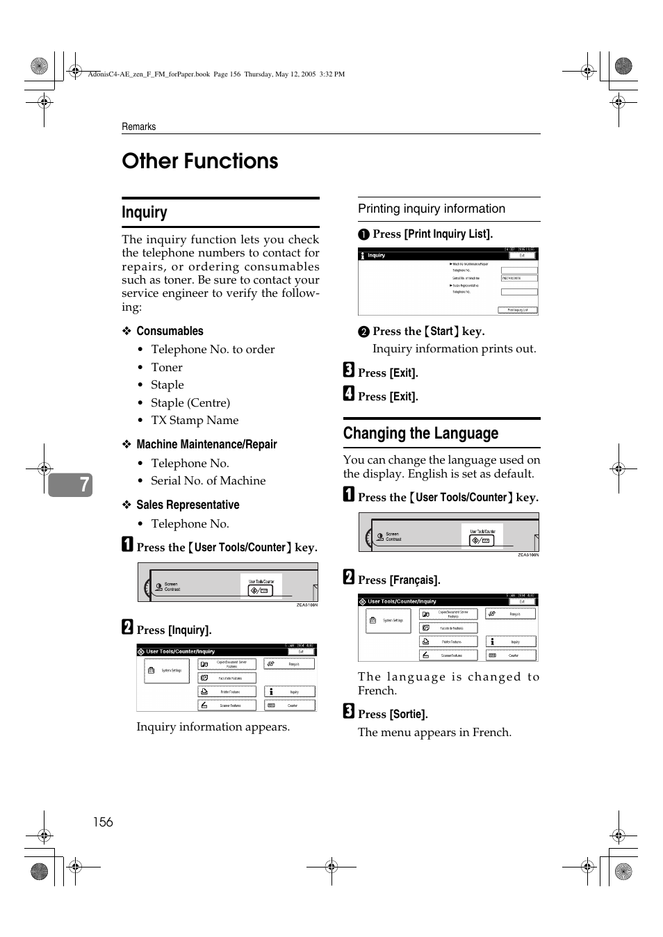 7other functions, Inquiry, Changing the language | Ricoh IS 2245 User Manual | Page 168 / 196