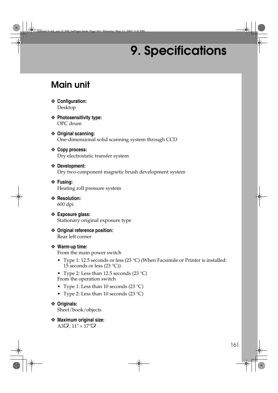 Specifications, Main unit | Ricoh IS 2245 User Manual | Page 173 / 196