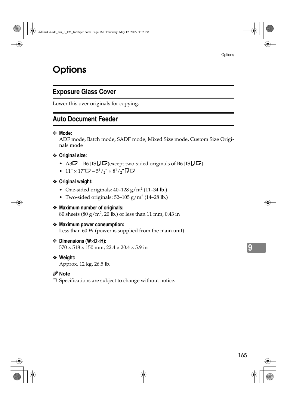 9options, Exposure glass cover, Auto document feeder | Ricoh IS 2245 User Manual | Page 177 / 196