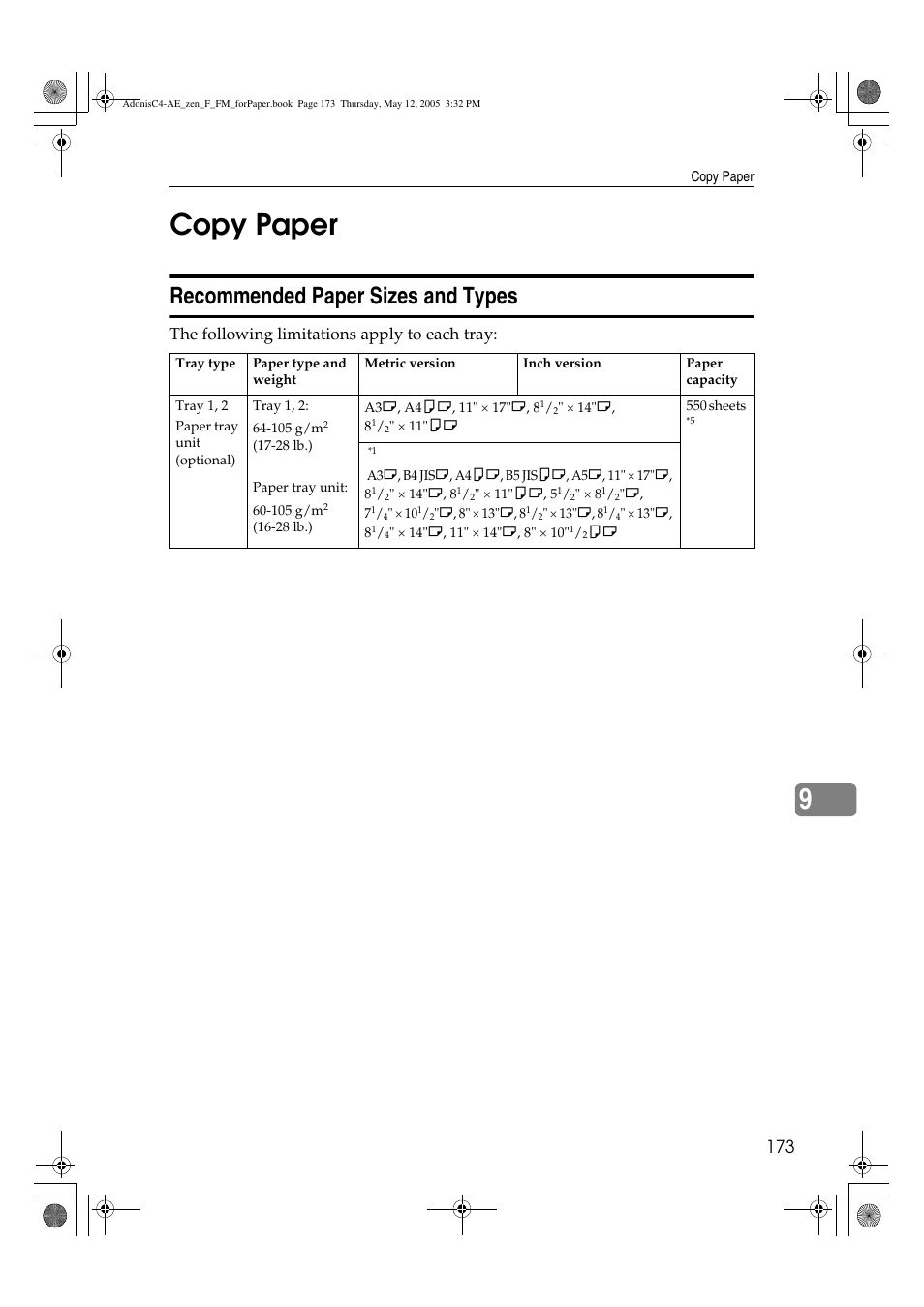 9copy paper, Recommended paper sizes and types, The following limitations apply to each tray | Ricoh IS 2245 User Manual | Page 185 / 196