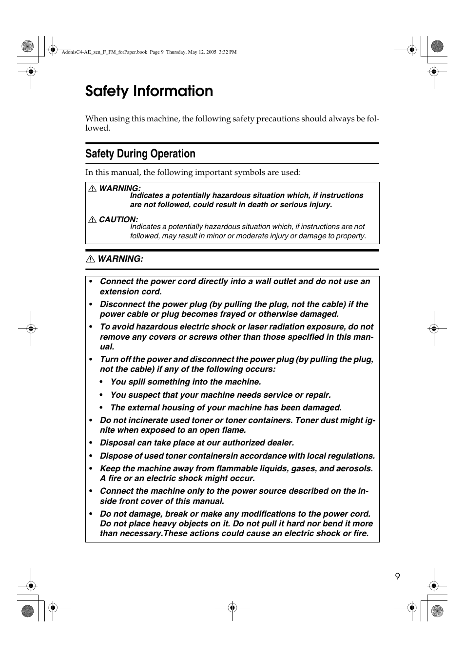Safety information, Safety during operation | Ricoh IS 2245 User Manual | Page 21 / 196