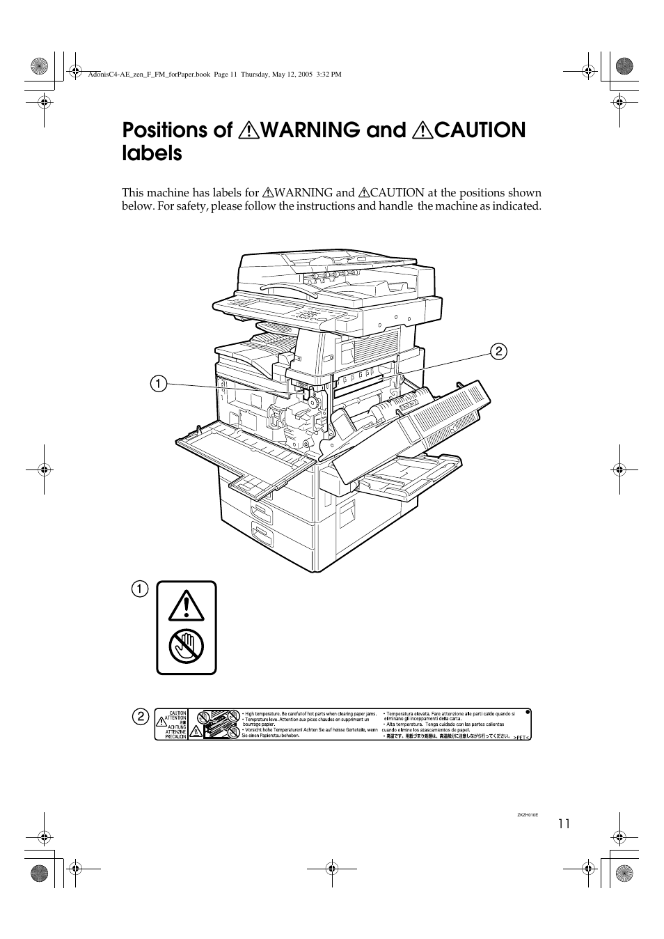 Positions of r warning and r caution labels | Ricoh IS 2245 User Manual | Page 23 / 196
