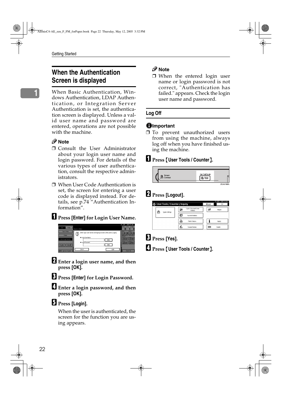 When the authentication screen is displayed | Ricoh IS 2245 User Manual | Page 34 / 196