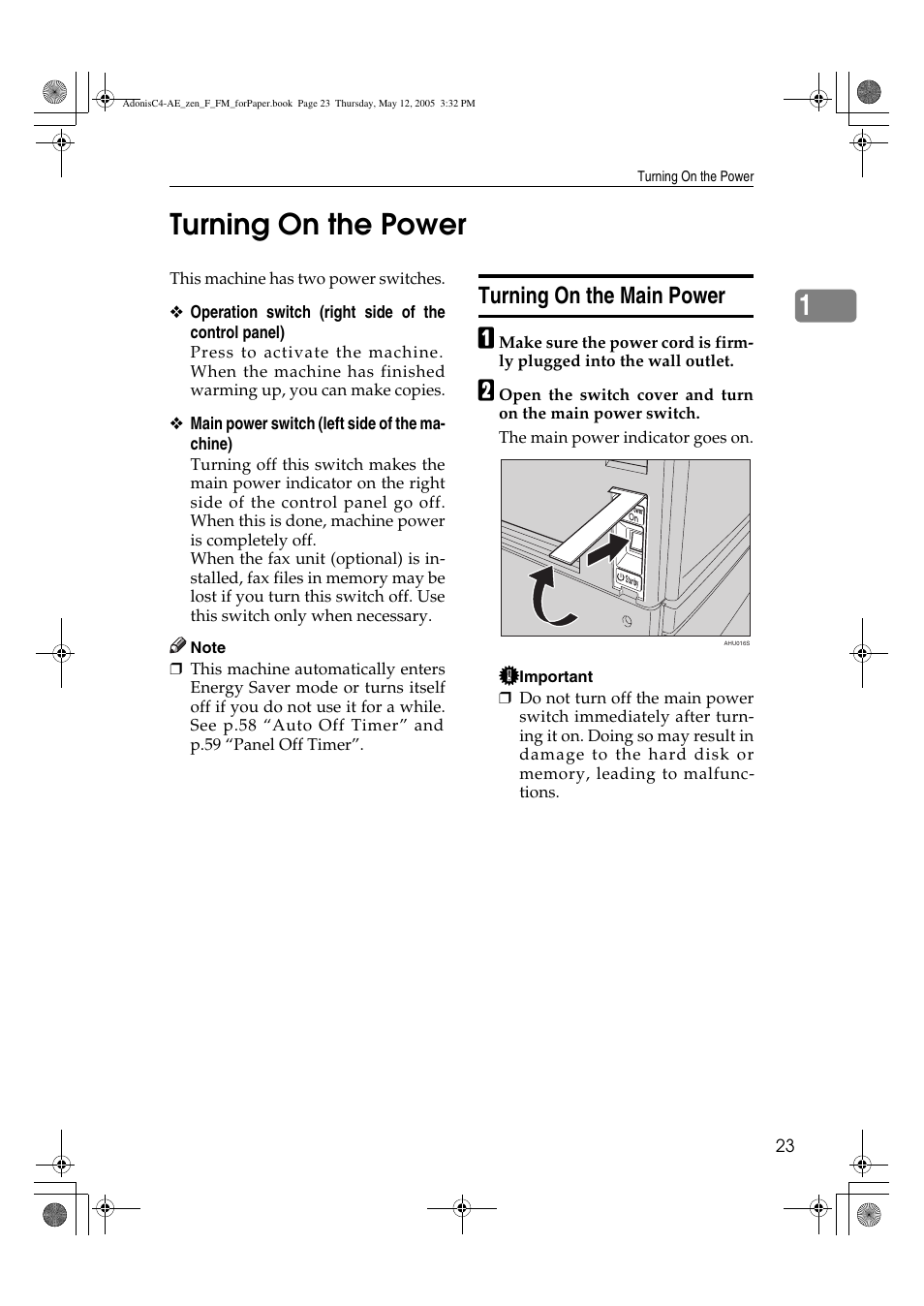 1turning on the power, Turning on the main power | Ricoh IS 2245 User Manual | Page 35 / 196