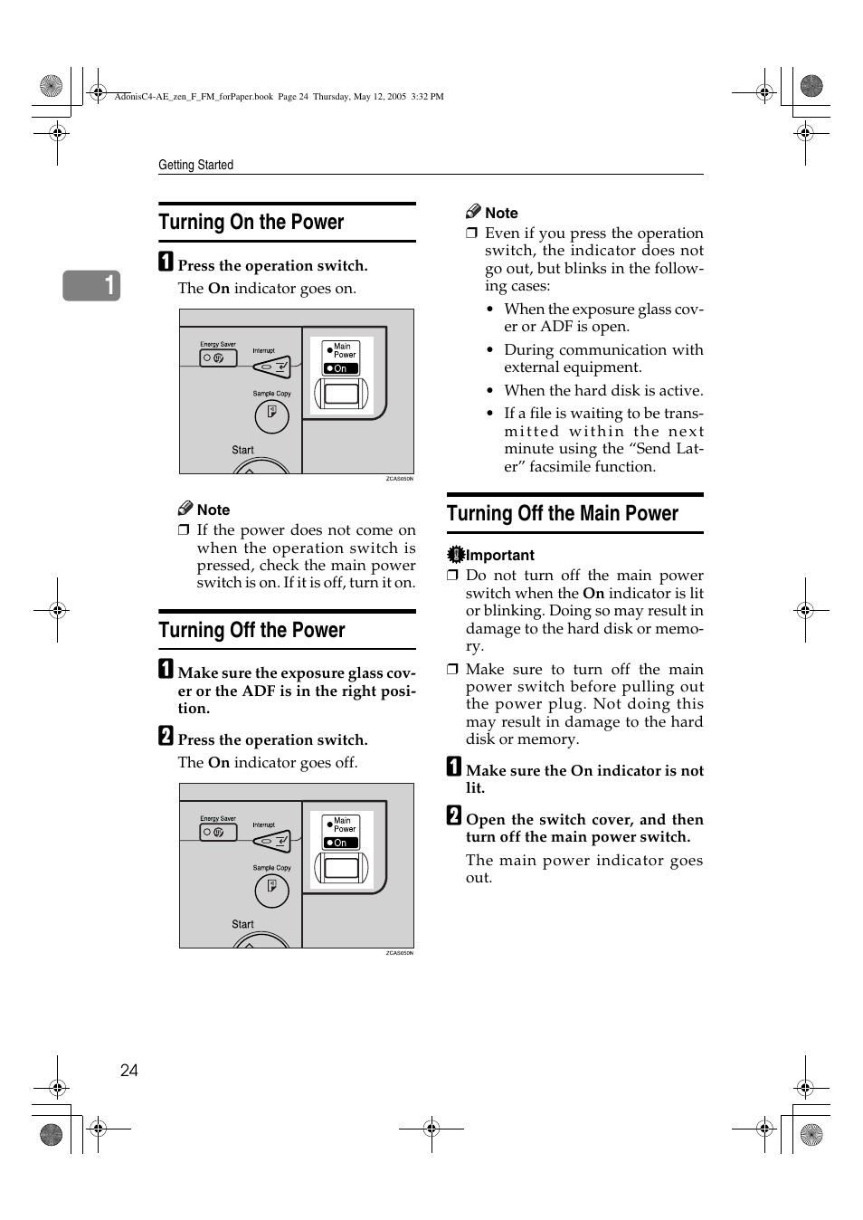 Turning on the power, Turning off the power, Turning off the main power | Ricoh IS 2245 User Manual | Page 36 / 196