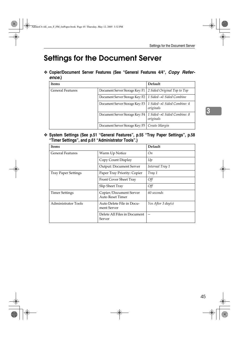 3settings for the document server | Ricoh IS 2245 User Manual | Page 57 / 196