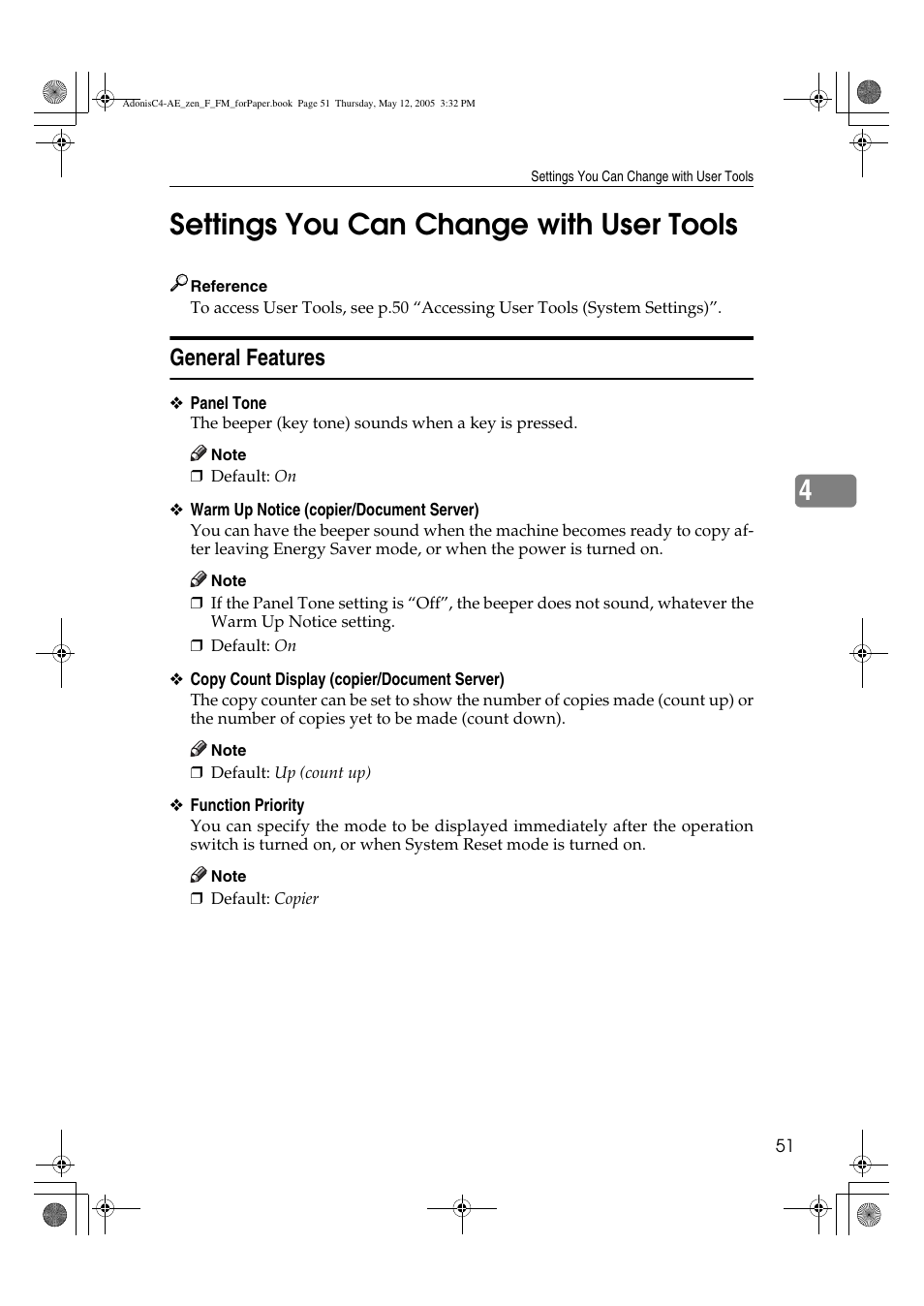 4settings you can change with user tools, General features | Ricoh IS 2245 User Manual | Page 63 / 196
