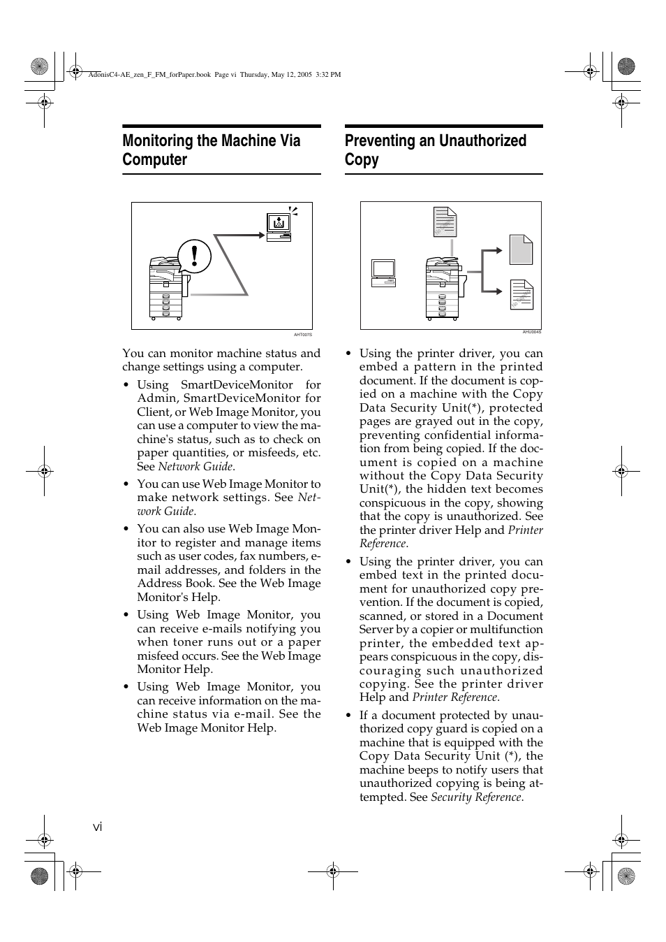 Monitoring the machine via computer, Preventing an unauthorized copy | Ricoh IS 2245 User Manual | Page 8 / 196