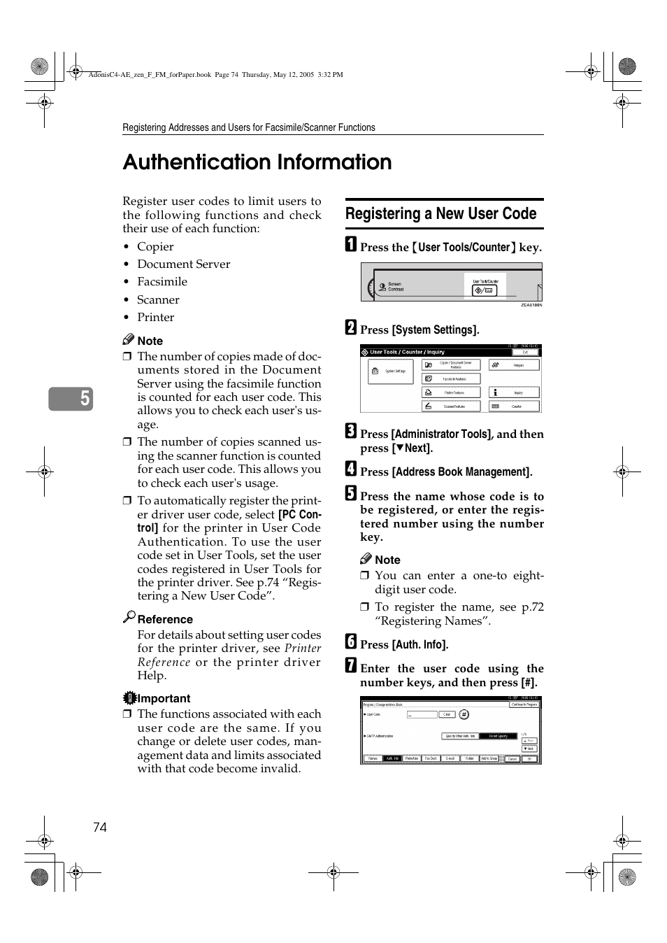 5authentication information, Registering a new user code | Ricoh IS 2245 User Manual | Page 86 / 196