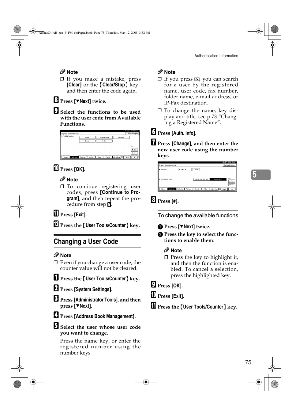 Changing a user code | Ricoh IS 2245 User Manual | Page 87 / 196