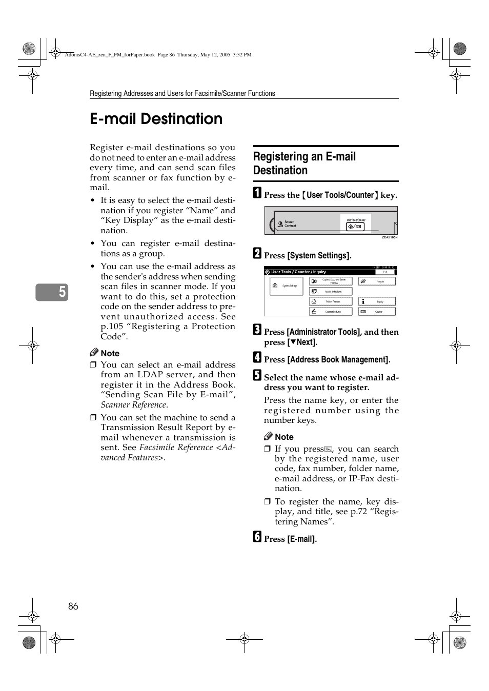 5e-mail destination, Registering an e-mail destination | Ricoh IS 2245 User Manual | Page 98 / 196