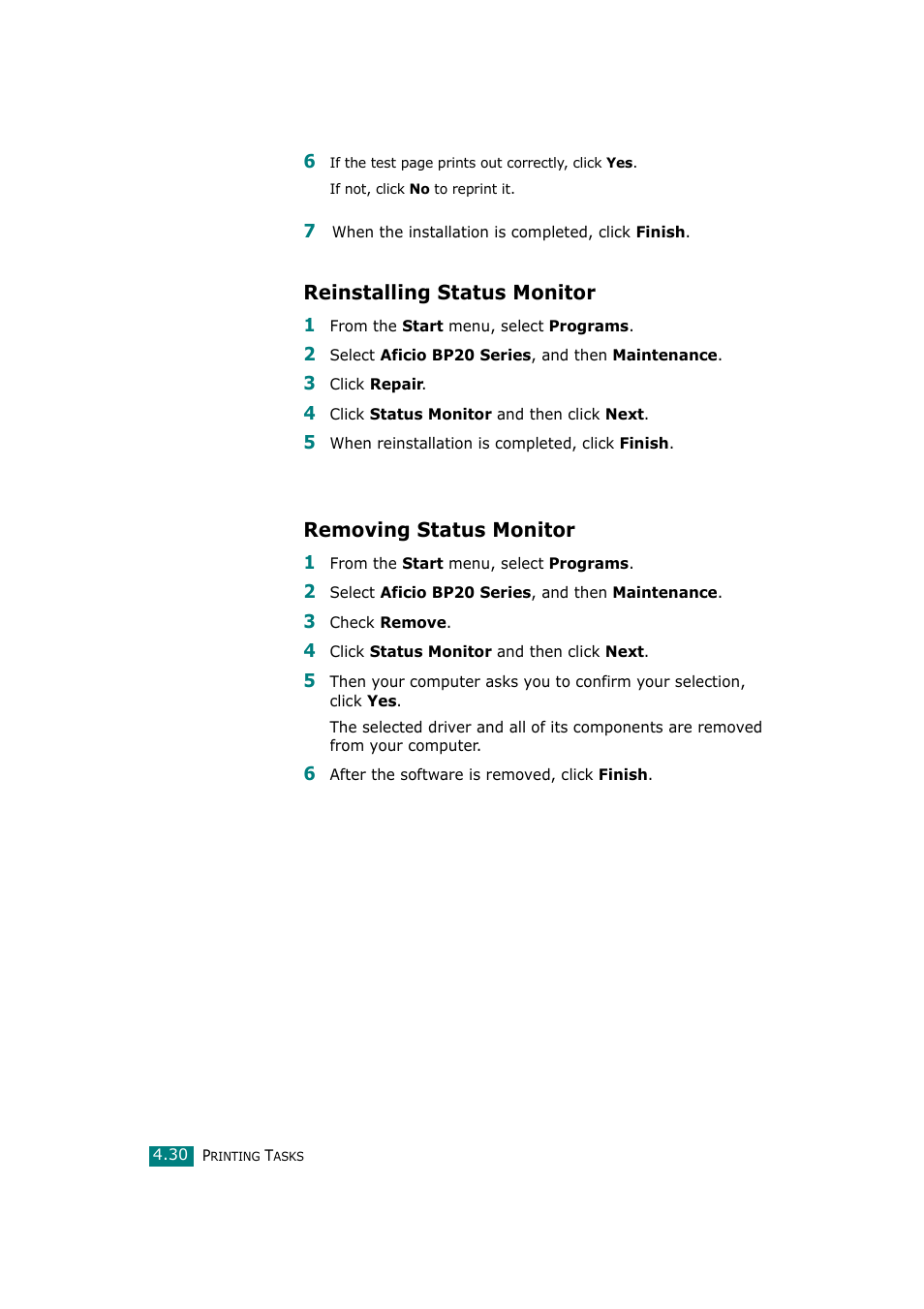 Reinstalling status monitor, Removing status monitor | Ricoh Aficio BP20N User Manual | Page 107 / 172