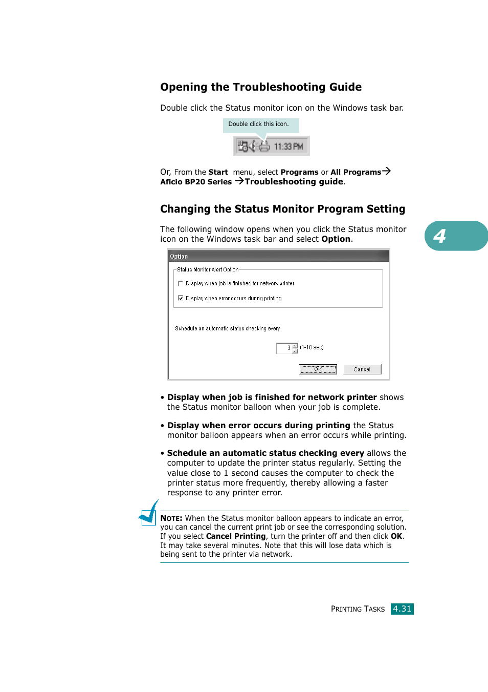 Opening the troubleshooting guide, Changing the status monitor program setting | Ricoh Aficio BP20N User Manual | Page 108 / 172
