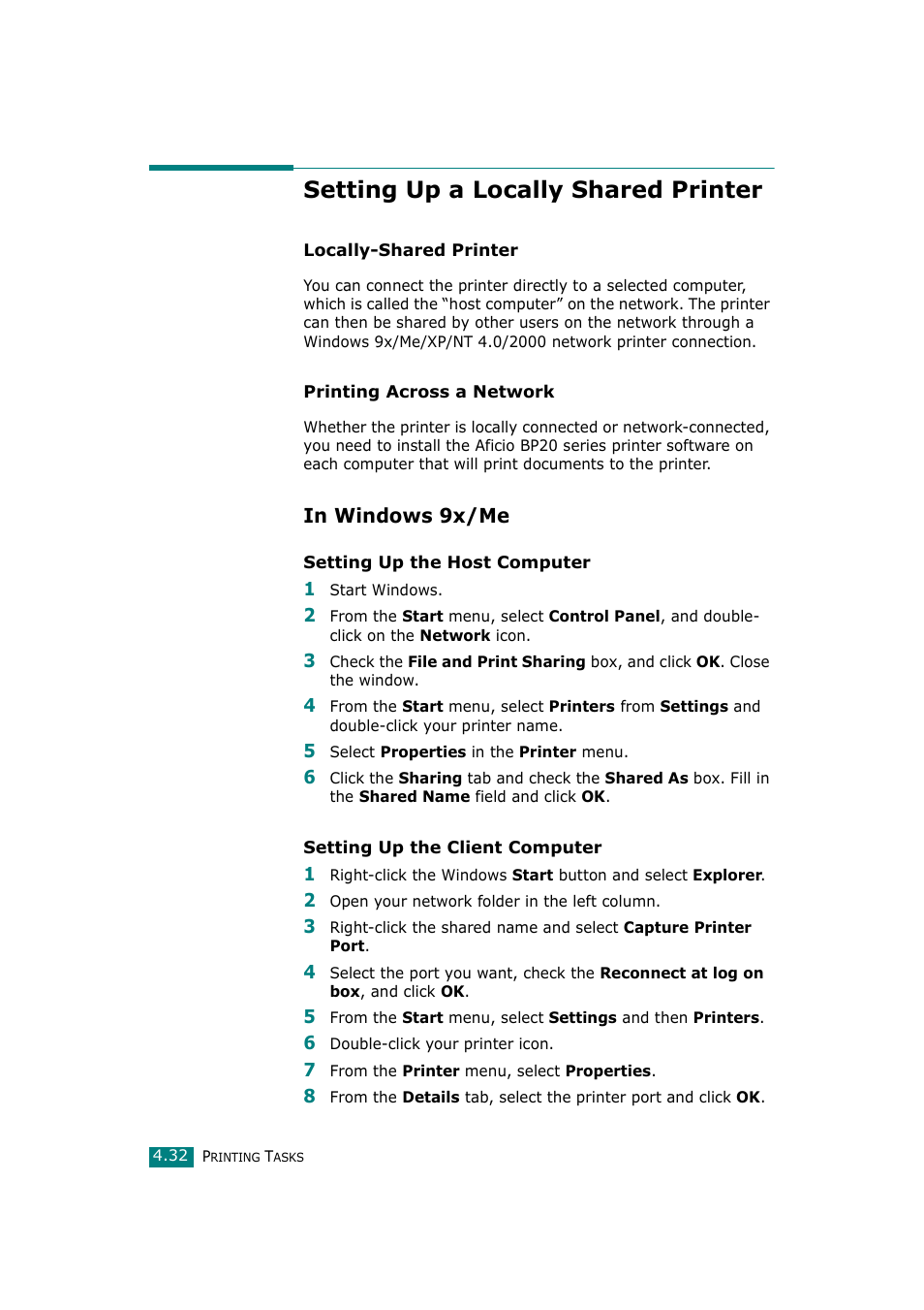 Setting up a locally shared printer, In windows 9x/me | Ricoh Aficio BP20N User Manual | Page 109 / 172