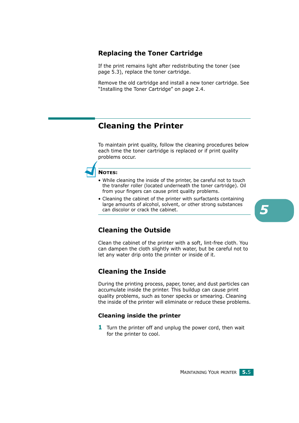 Replacing the toner cartridge, Cleaning the printer, Cleaning the outside | Cleaning the inside, Cleaning the outside cleaning the inside | Ricoh Aficio BP20N User Manual | Page 116 / 172