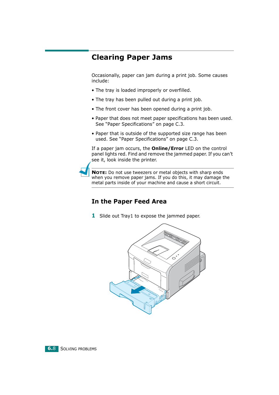 Clearing paper jams, In the paper feed area, To “clearing paper | Ricoh Aficio BP20N User Manual | Page 127 / 172
