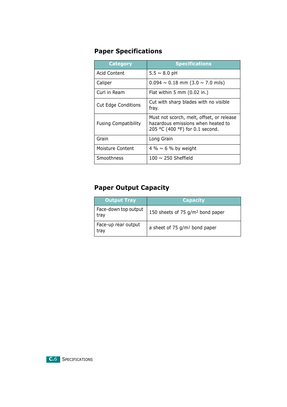 Paper specifications, Paper output capacity, Paper specifications paper output capacity | Ricoh Aficio BP20N User Manual | Page 165 / 172