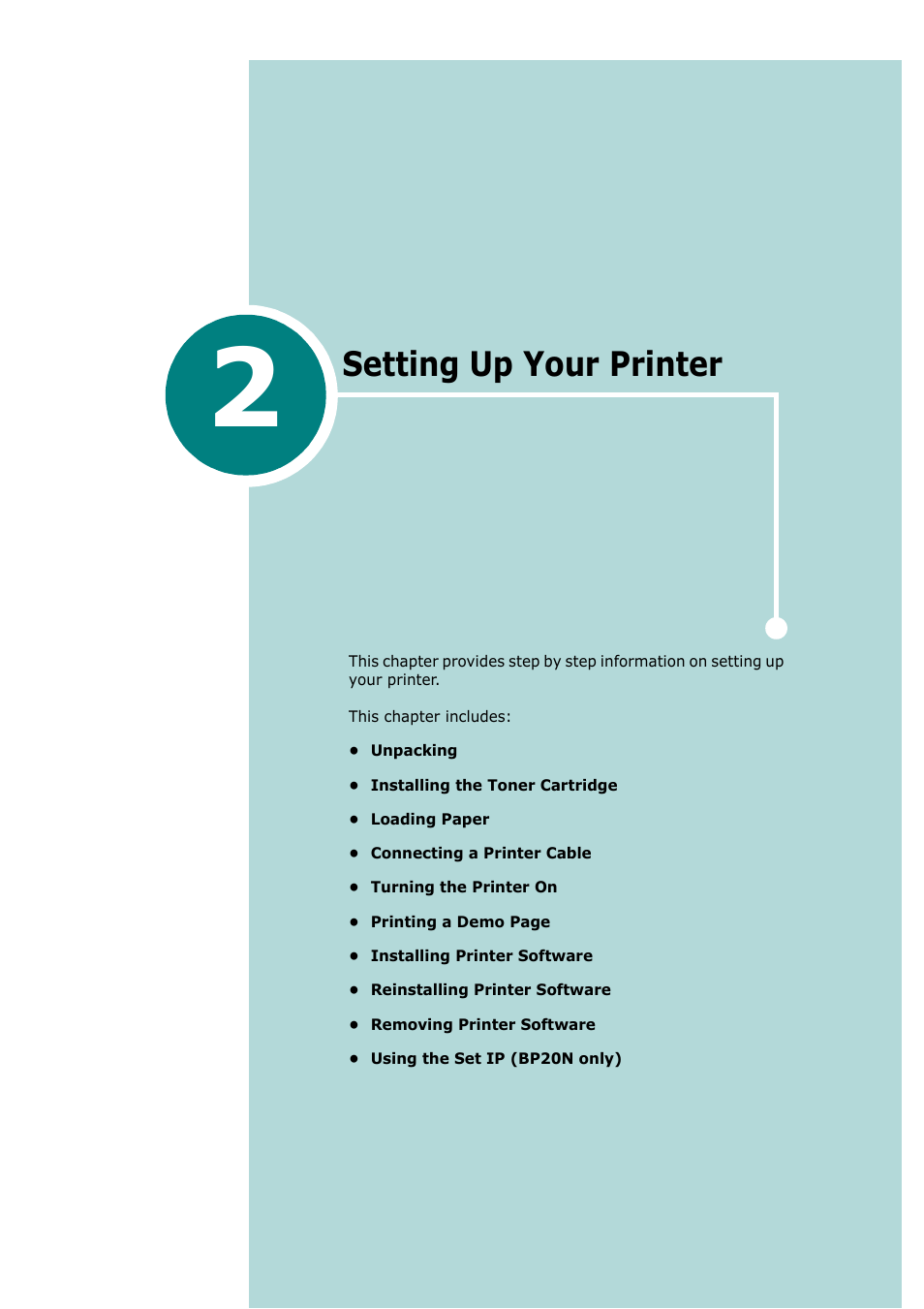 2 setting up your printer, Chapter 2, Etting | Rinter, Setting up your printer | Ricoh Aficio BP20N User Manual | Page 20 / 172