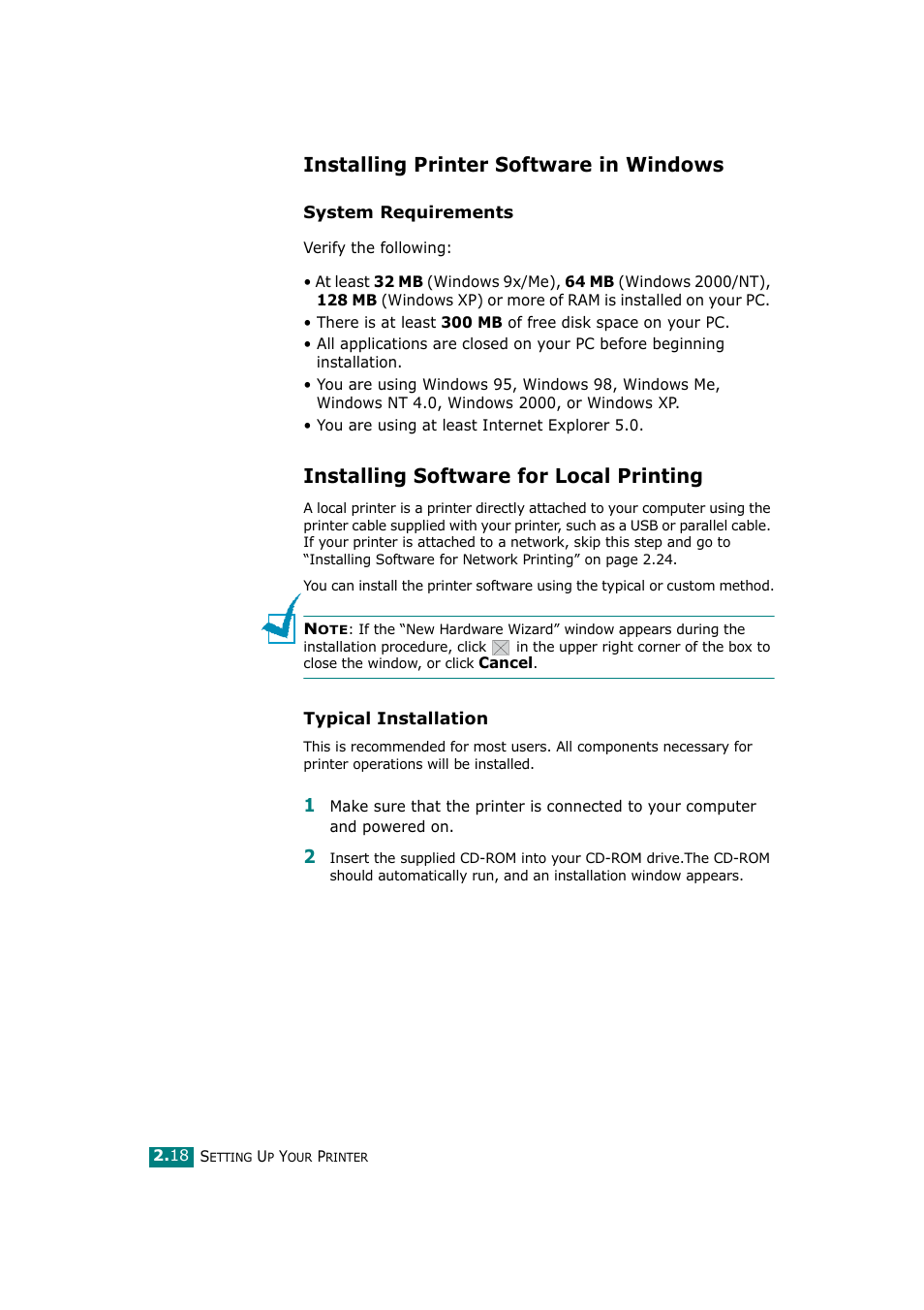 Installing printer software in windows, Installing software for local printing | Ricoh Aficio BP20N User Manual | Page 37 / 172