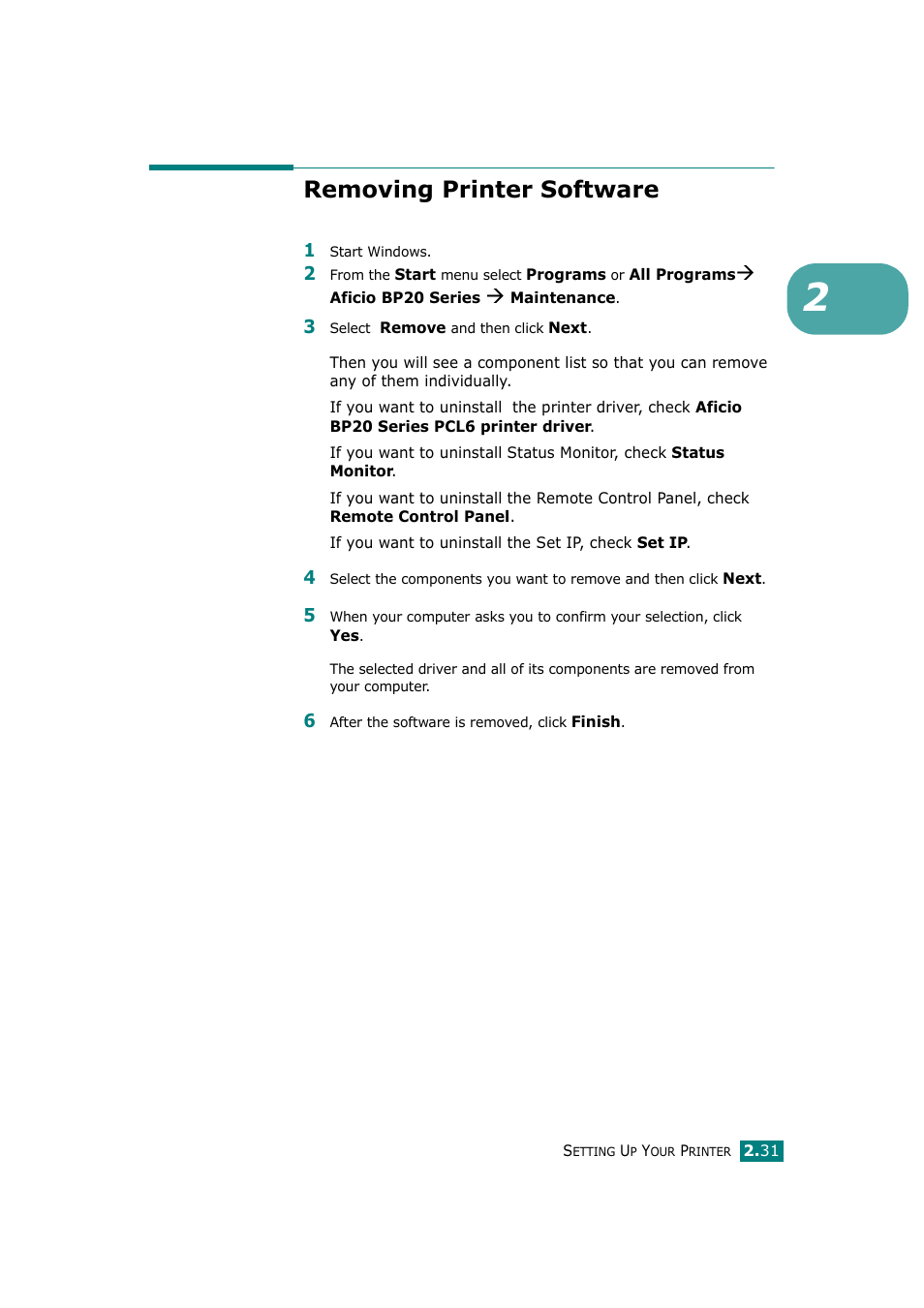 Removing printer software | Ricoh Aficio BP20N User Manual | Page 50 / 172