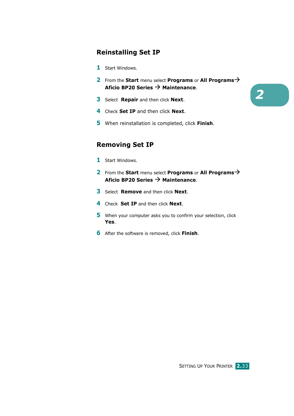 Reinstalling set ip, Removing set ip, Reinstalling set ip removing set ip | Ricoh Aficio BP20N User Manual | Page 52 / 172