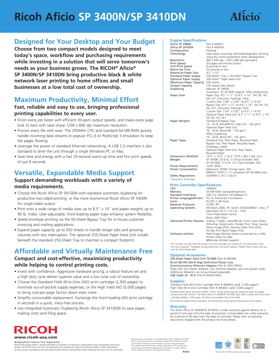 Designed for your desktop and your budget, Maximum productivity, minimal effort, Versatile, expandable media support | Affordable and virtually maintenance free, Aficio | Ricoh Aficio SP 3400N User Manual | Page 2 / 2