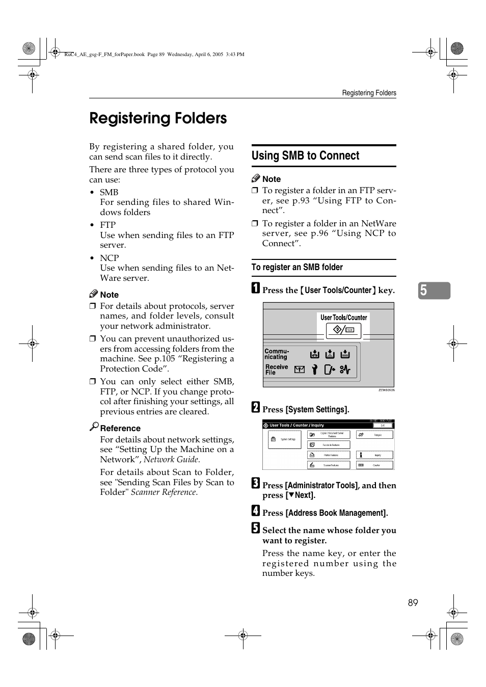 5registering folders, Using smb to connect | Ricoh Aficio IS 2225 User Manual | Page 101 / 180