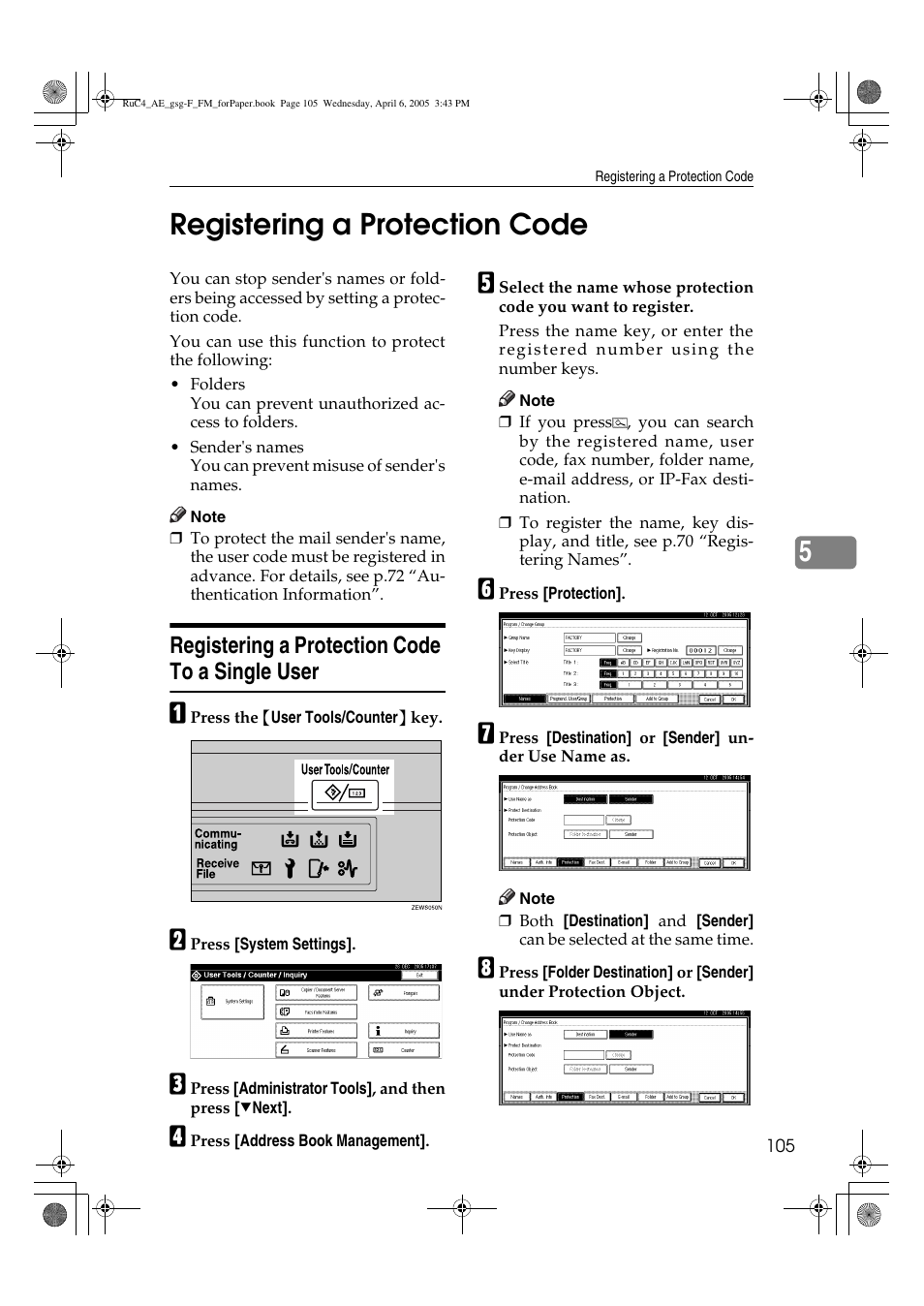 5registering a protection code, Registering a protection code to a single user | Ricoh Aficio IS 2225 User Manual | Page 117 / 180
