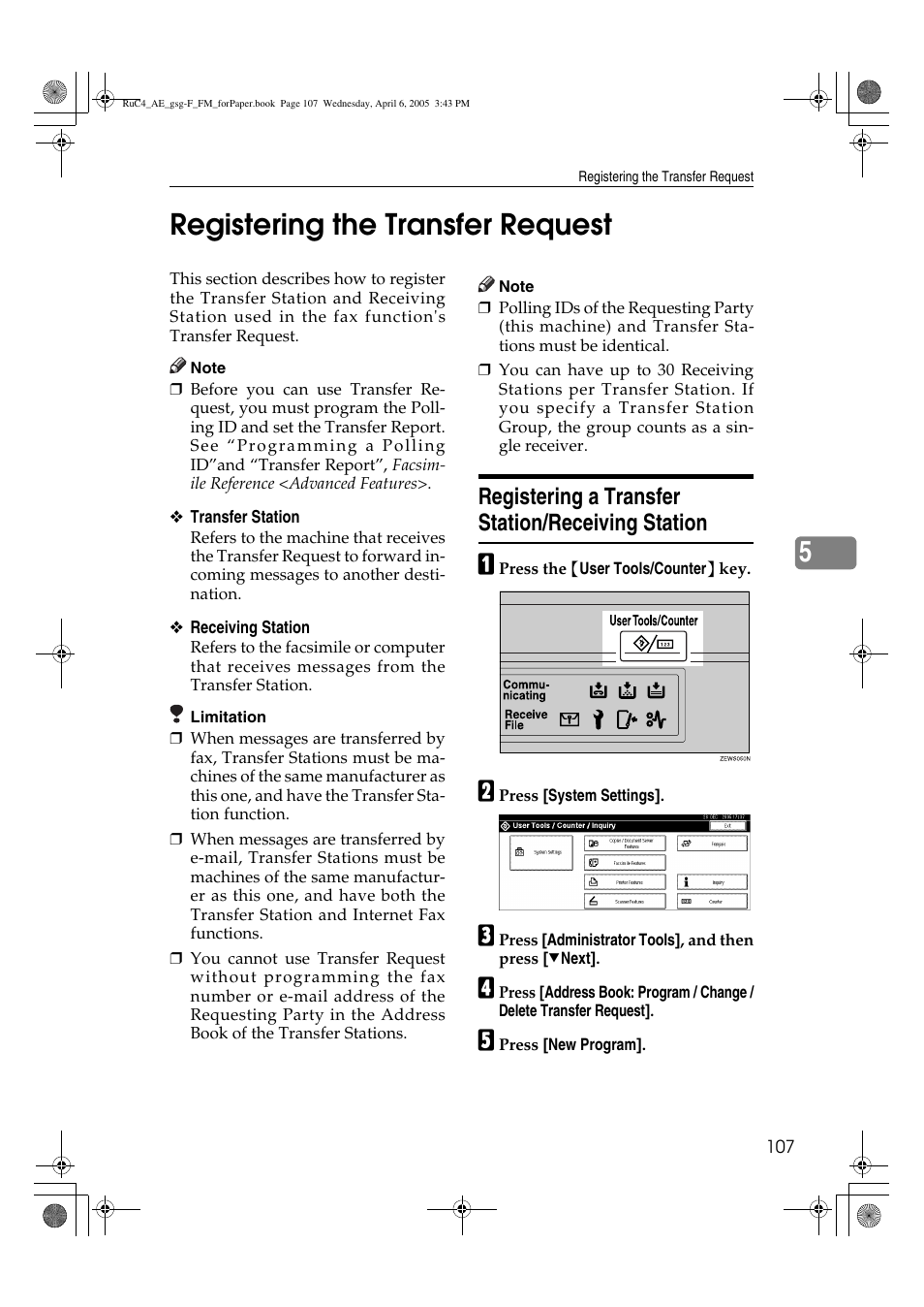 5registering the transfer request, Registering a transfer station/receiving station | Ricoh Aficio IS 2225 User Manual | Page 119 / 180