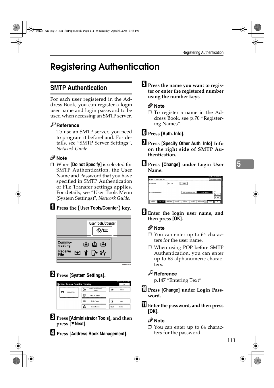 5registering authentication, Smtp authentication | Ricoh Aficio IS 2225 User Manual | Page 123 / 180