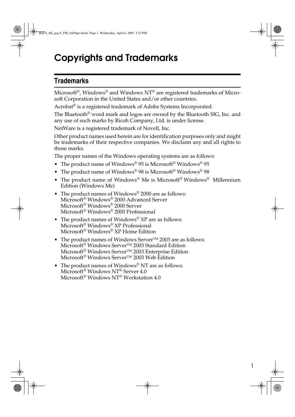 Copyrights and trademarks, Trademarks | Ricoh Aficio IS 2225 User Manual | Page 13 / 180