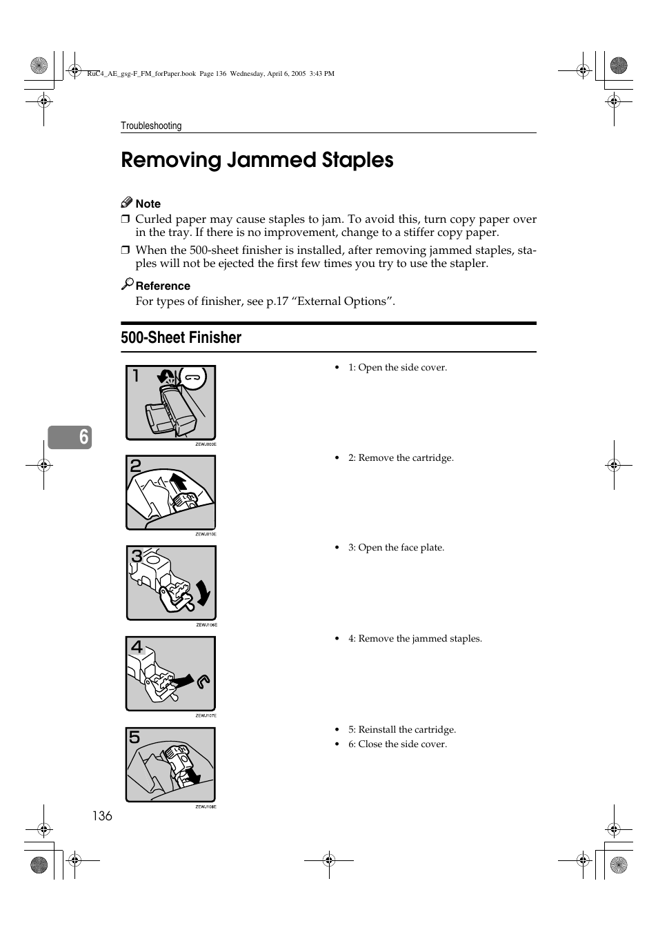6removing jammed staples, Sheet finisher | Ricoh Aficio IS 2225 User Manual | Page 148 / 180