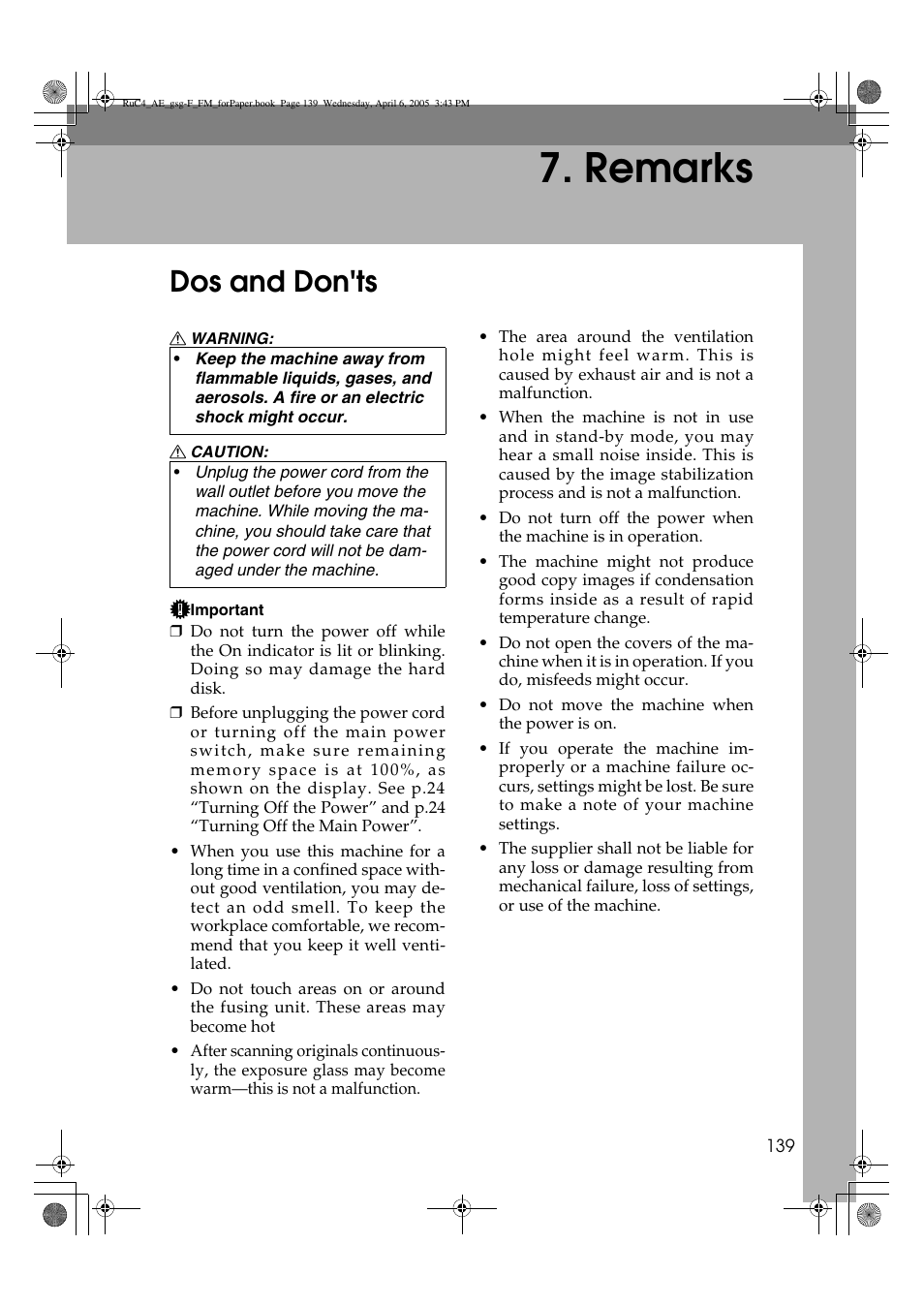 Remarks, Dos and don'ts | Ricoh Aficio IS 2225 User Manual | Page 151 / 180