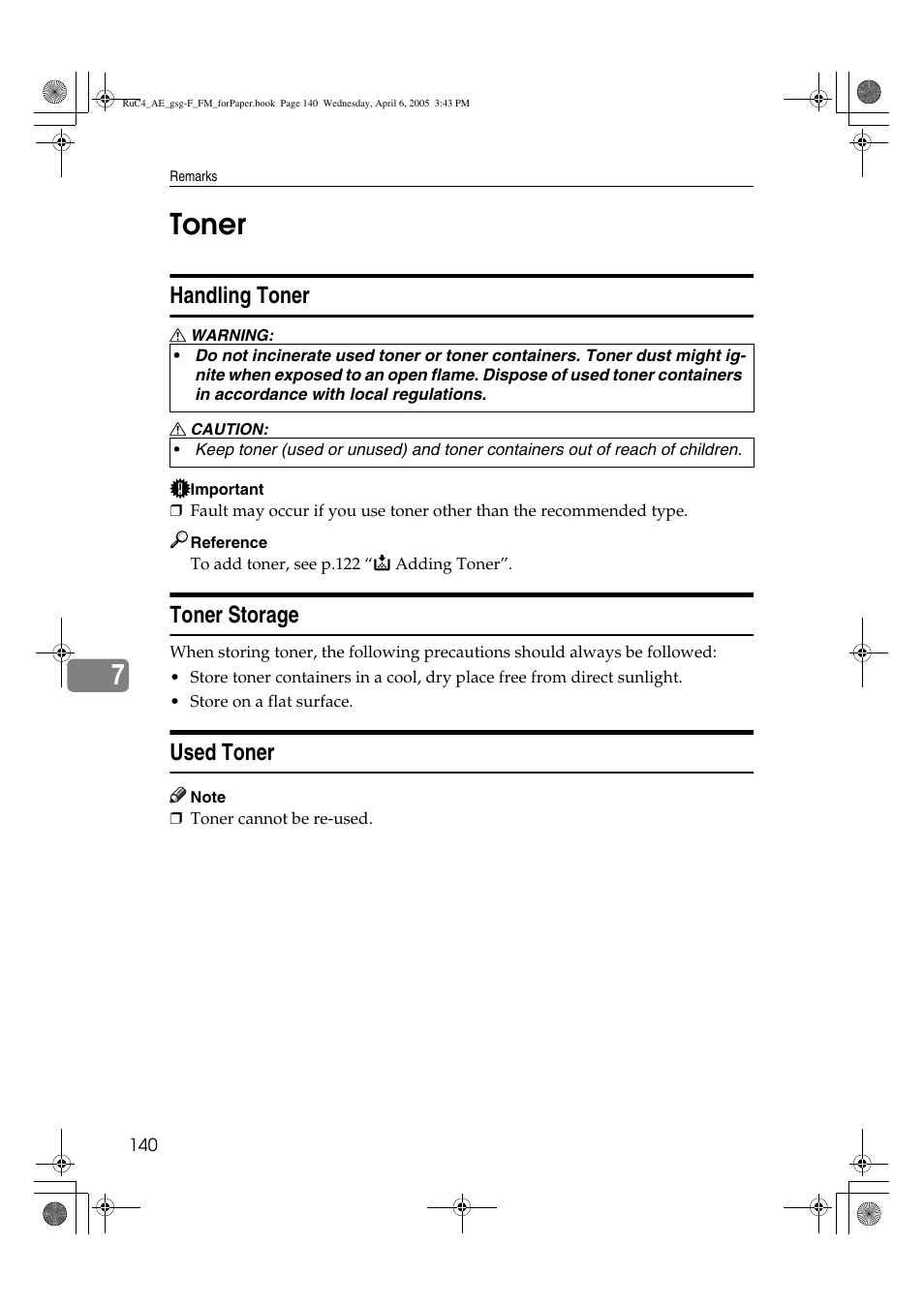 7toner, Handling toner, Toner storage | Used toner | Ricoh Aficio IS 2225 User Manual | Page 152 / 180