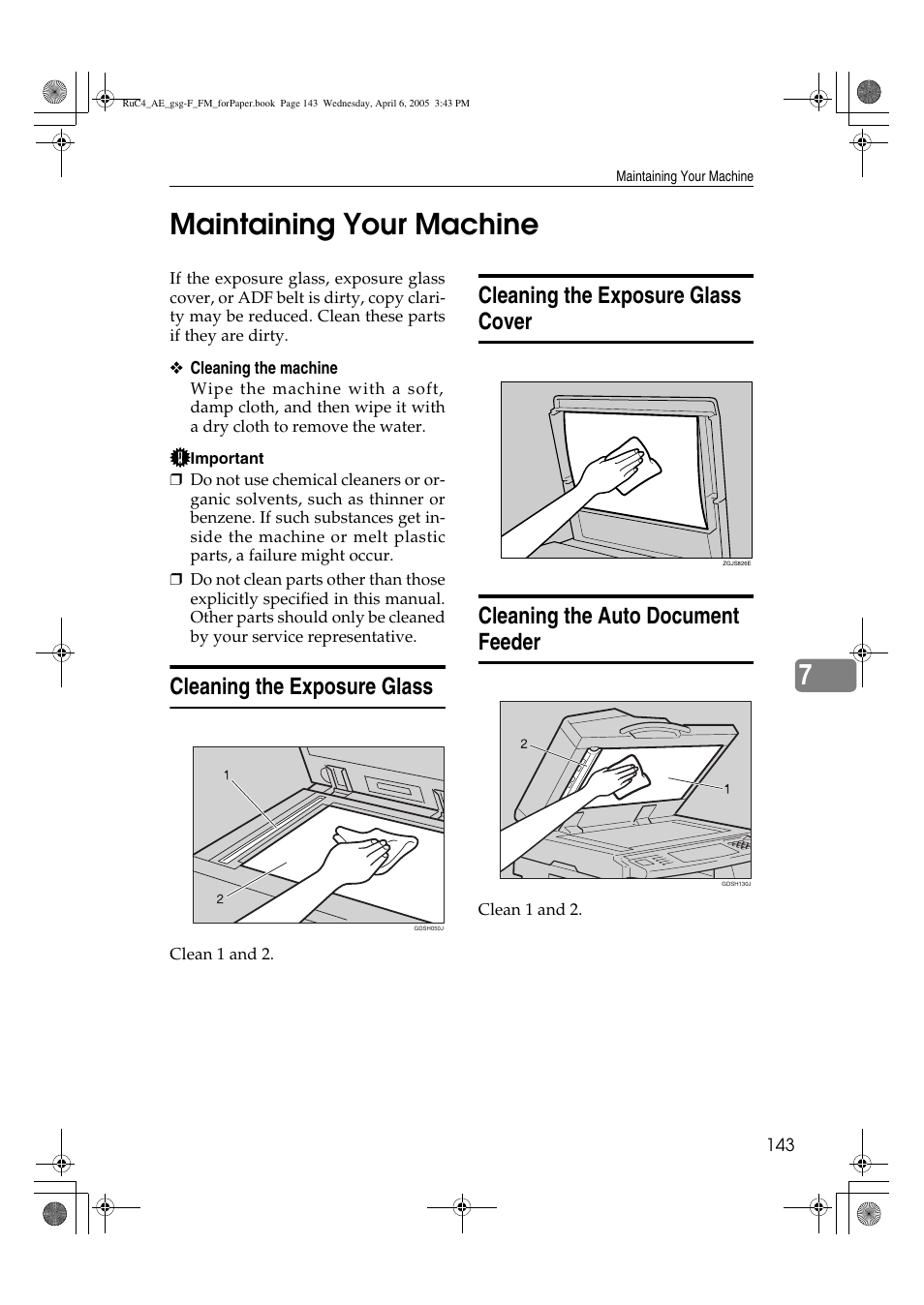 7maintaining your machine, Cleaning the exposure glass | Ricoh Aficio IS 2225 User Manual | Page 155 / 180