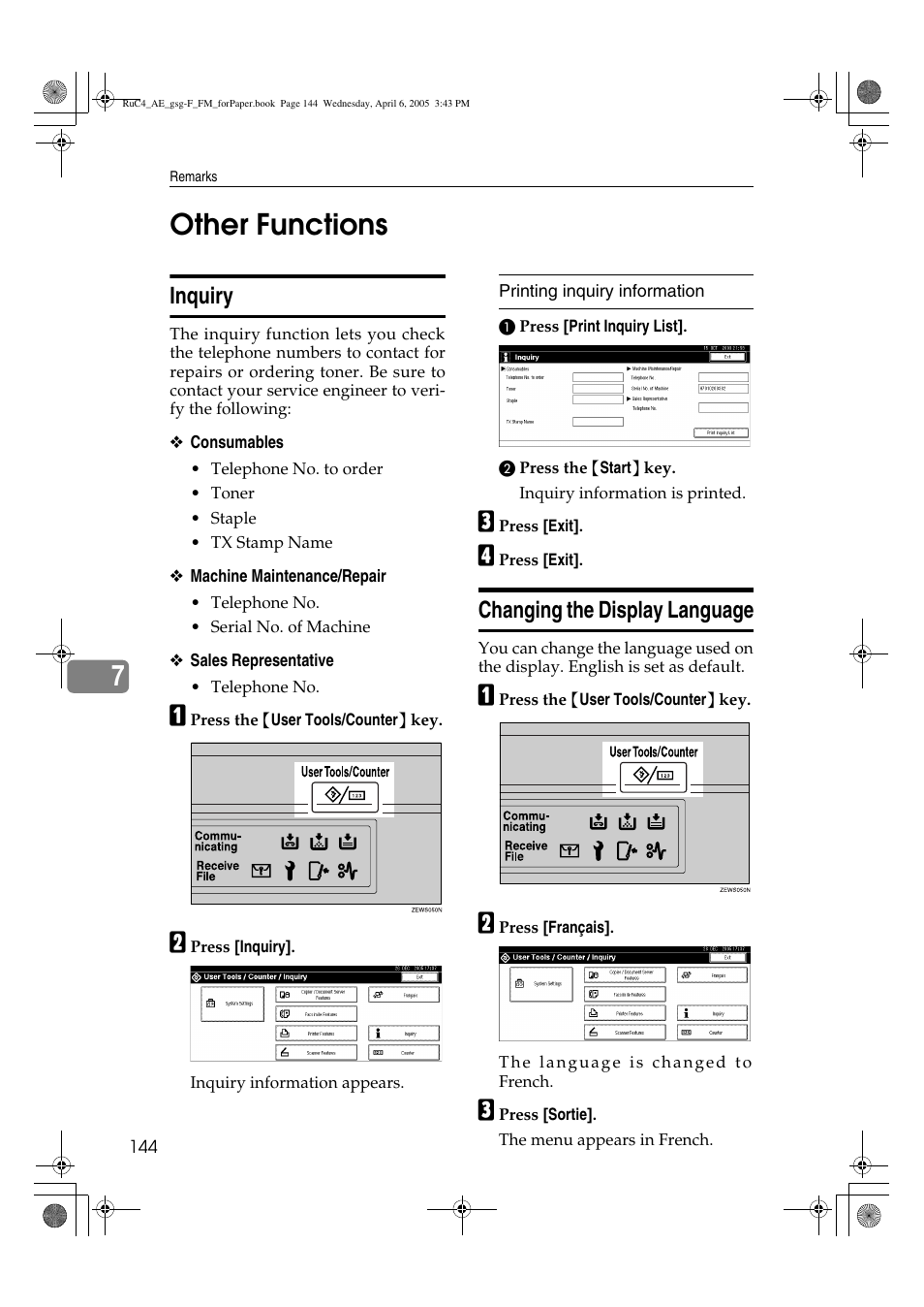 7other functions, Inquiry, Changing the display language | Ricoh Aficio IS 2225 User Manual | Page 156 / 180