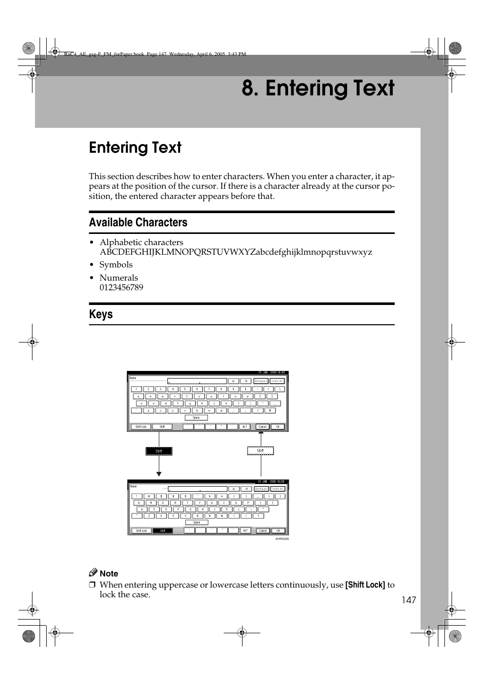 Entering text, Available characters, Keys | Ricoh Aficio IS 2225 User Manual | Page 159 / 180